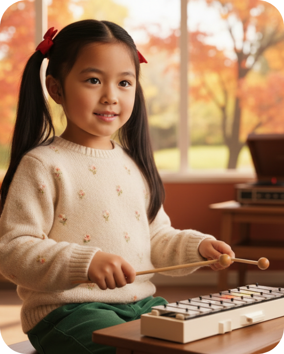 A smiling baby participating in a music class.