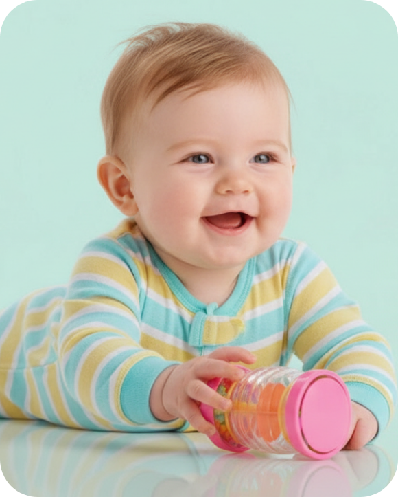 A smiling baby participating in a music class.
