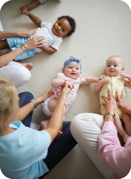 A group of babies and parents enjoying class activities.